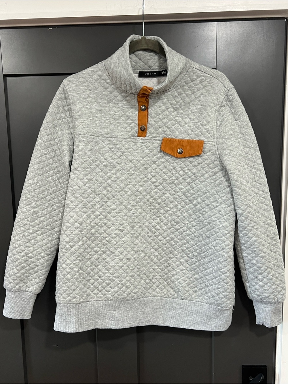 Doe & Rae Light Gray Quilted Crewneck Sweater with Tan Accents
